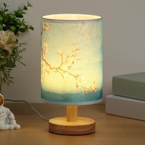 GUIJZSLTRG Table Lamp USB Wooden Bedside Night Lamp with Linen Fabric Lampshade Minimalist Lamps Decorative Bedroom Nightstand Light Vintage Small Nightlight LED Lamp for Home Office Hotel Gift