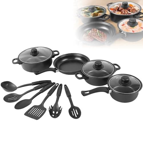 13-Piece Induction Cookware Set, Black Nonstick Pots and Pans Set with Lids & Spatulas, Cooking Set for All Hobs – Ideal for Home Kitchen & Camping, PFOS & PFOA Free