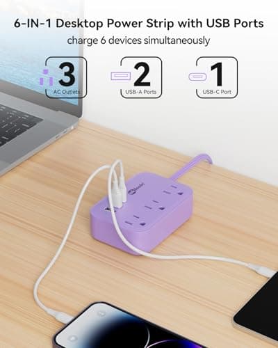 Cruise Essentials Purple Extension Cord 5ft, Cute Extension Cord with 3 AC 3 USB Outlets, Travel Flat Plug with USB Charging Station, Compact for Computer Accessories — view 3