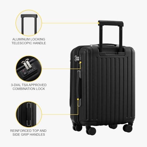 LEVEL8 Lightweight Hard Case Shell ABS+PC Luggage with 4 Spinner Wheels and TSA Lock, 20 Inch Hand Luggage Cabin Suitcase Hardcase Suitcase and Trolley, 55CM, Zwart, 37x24x55.5CM, 36L, Zwart, — view 6