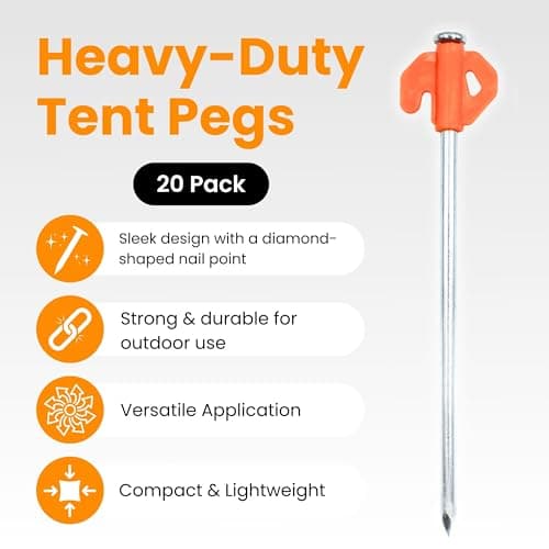 Heavy Duty Tent Pegs - 20cm x 20 Pack Orange Hard Ground Tent Pegs, Camping Pegs, Awning Peg for outdoors, Strong Galvanized Steel with Storage Case and Peg Remover — view 2