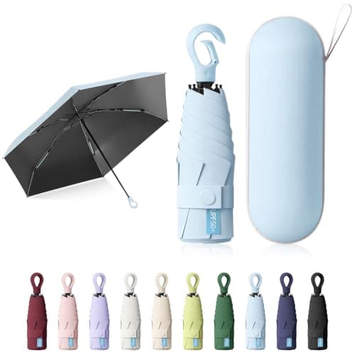 Sykerout 6 Ribs Mini Travel Umbrella, Compact Pocket Size With Storage Box，Sky Blue