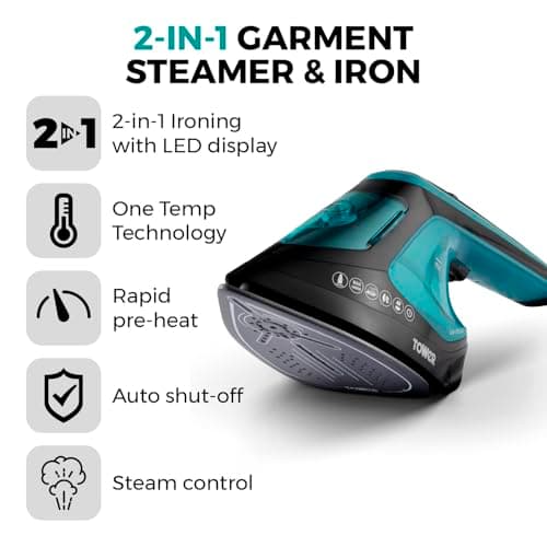 Tower Garment Steamer 1800W, 2-in-1 Steamer & Iron for Flexible Garment Care, One Temperature Technology, 25-Second Heat-Up, Ceramic Soleplate, 180ml Tank, Black & Teal (T22031TL) — view 2