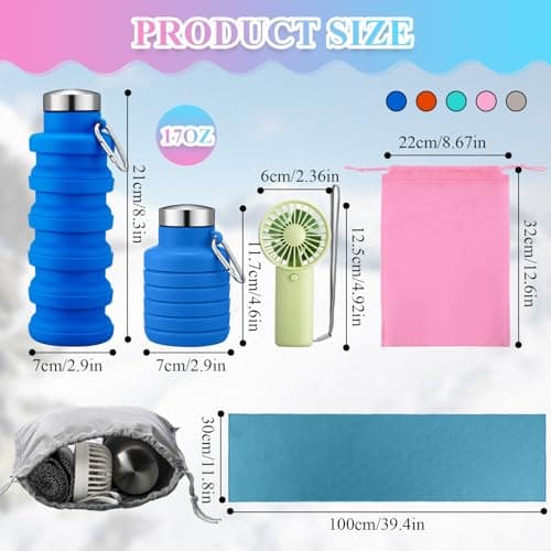 Wovnet 16 Set Theme Park Necessities Cruise Ship Accessory Kit Collapsible Water Bottle Cooling Towel Fan Drawstring Bag for Summer Amusement Park Outdoor Team Travel Cruise Gift Fitness Sport Favor — view 2