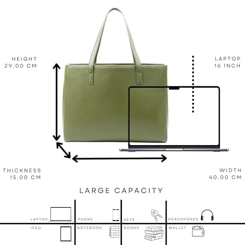 Tommy & Kate GLORIA Spacious Tote Bag for Women Shoulder Laptop Tote Bag Large PU Leather Ladies for Work School Business with Zipped Compartment and Inner Pocket (Olive) — view 2