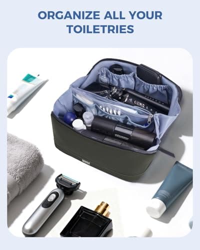 WANDF Toiletry Bag for Men Travel Wash Bag PU Leather Toiletry Organizer with Detachable Waterproof Hanging Pouch Open-Flat Dopp Kit Shaving Bag with Wet Pocket for Travel Accessories (Army Green) — view 3