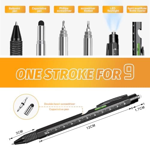 Omeblos Gifts for Men, 9 in 1 Multi Tool Pen with LED Light, Screwdriver, Stylus, Ruler, Level, Corkscrew, Cool Gadget for Him, Mens Gifts for Christmas, Stocking Fillers for Men — view 2