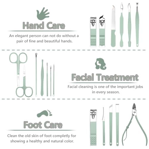URAQT Professional Manicure Set, 18 pcs Portable Nail Clippers Pedicure Set & Eyebrow Grooming Kit, Stainless Steel Nail Care Tools with Luxurious Leather Case（Green） — view 6