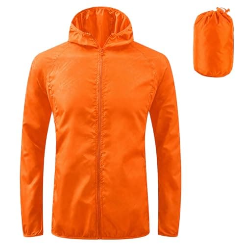 ADUDVLO Men's Lightweight Waterproof Jacket with Pockets, Packable Hooded Windproof Rain Jacket for Travel, Running & Hiking – Includes Carry Pouch (UK, Alpha, XS, Regular, Regular, Orange)