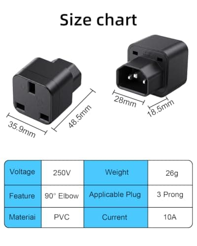C14 to UK Socket Adapter(2-Pack),250V/10A C14 Male to UK Type G Socket — view 3