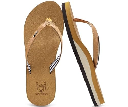 KuaiLu Flip Flops Women Fabric Arch Support Sandals Beach Thong Khaki 6.5