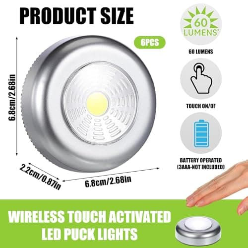 6 Pack Portable Stick on Wall Lights, Touch Control Battery Powered Push Lights, 70 Lumen Stick on Wireless LED Cabinet Light for Kitchen Closets Armoire Cabinets Counters Utility Room[Energy Class A] — view 2