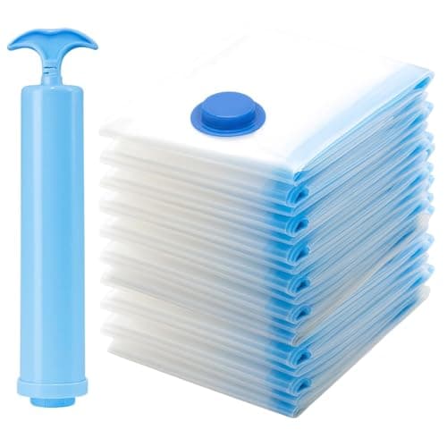Vacuum Storage Bags 10 Pack - 50x30cm Compact Size, Hand Pump Included, Space Saving Bags for Travel, Clothes & Underbed Organisation, 10 Same Size Bags for Neat Storage