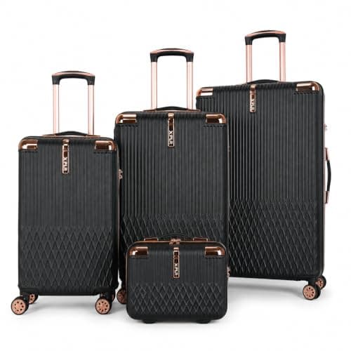 XPLR 4 Piece Hard Shell Luggage Set - Durable ABS Lightweight Suitcase - 14" 20" 24" 28" Cabin Carry On - TSA Lock - 360° Spinner Wheels - Rose Gold Trim & Vanity Case (Midnight Noir)