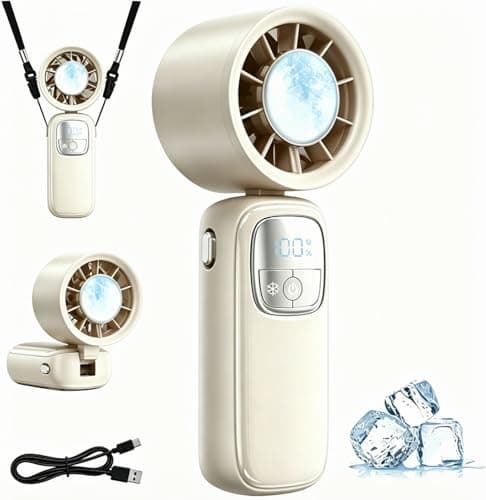 Audasi Handheld Fan,Portable Fan with Ice Cooler 3-in-1 Hand Neck Desk Foldable Design LED Display USB-C Rechargeable 5 Turbo Speed Modesfor Travel Makeup Outdoor Indoor Office Gifts