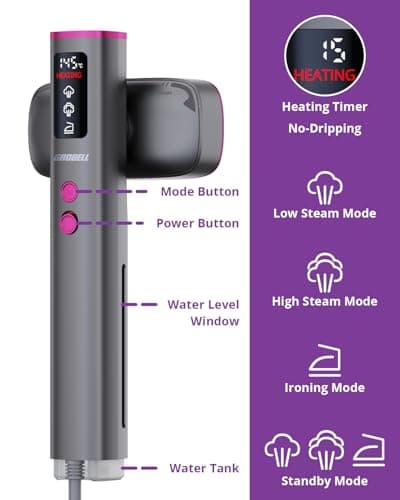 GROBELL Travel Garment Steamer for Clothes: 100V-220V Dual Voltage Hand Portable Hand Held 2 In 1, 20s Smart Fast Heat Up Handheld Clothing Steamer, 4 Modes with LED Display, Global Travel Size — view 3