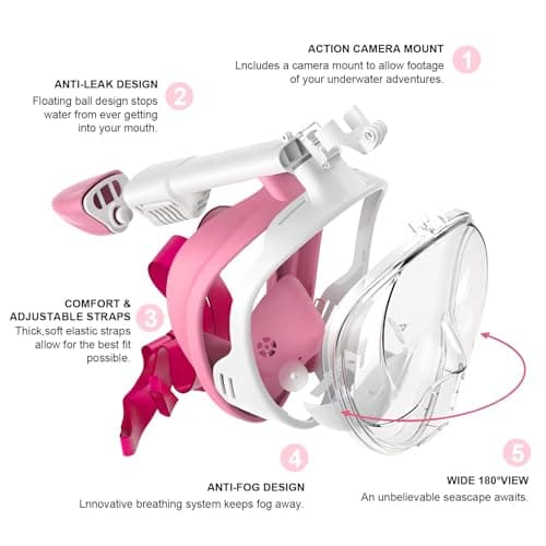 Jsdoin Snorkel Mask Full Face,180°view Design - Anti-fog, Anti-leak Technology - Sports Camera Compatible - for a Safe Adults and Kids Snorkeling Experience (Pink, L/XL) — view 2