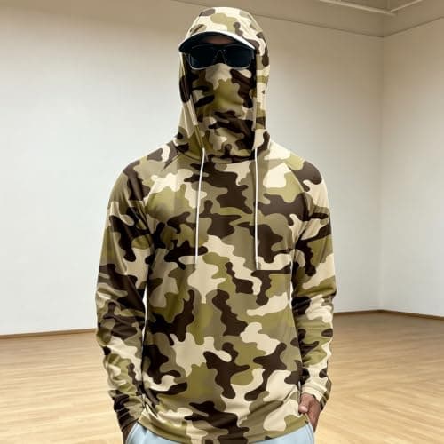 Men's Camo Sun Protection Hoodie with Face Cover, Lightweight Long Sleeve Fishing Shirt, Breathable Outdoor Hooded Top for Hiking and Camping — view 5