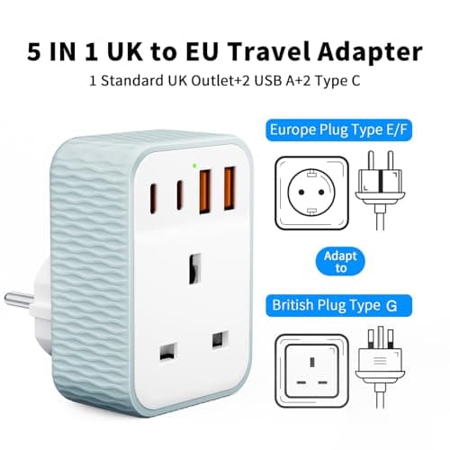 5 in 1 UK to European Plug Adapter, EU Schuko Travel Adaptor with 4 U-S-B Ports(2 USB C & 2 USB A), 1 AC Socket, European Travel Adapter for Germany Spain France Poland Netherlands Iceland(Type E/F) — view 2