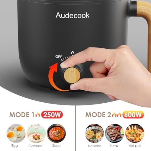Audecook Electric Hot Pot with Steamer, 1.5L Portable Non-Stick Mini Multifunctional Cooker, Travel Electric Skillet with Dual Power Control for Ramen Noodles/Pasta/Egg/Soup/Oatmeal (Black) — view 5