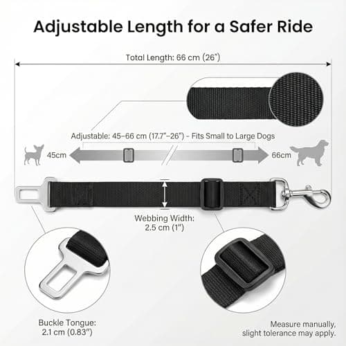 Barpre Dog Car Seat Belt - Adjustable Safety Restraint Lead for Cars - Universal 2.1cm Clip Adapter for Harness - Durable Nylon Vehicle Travel Strap for Puppy Small Medium Dogs & Pets - Black — view 2