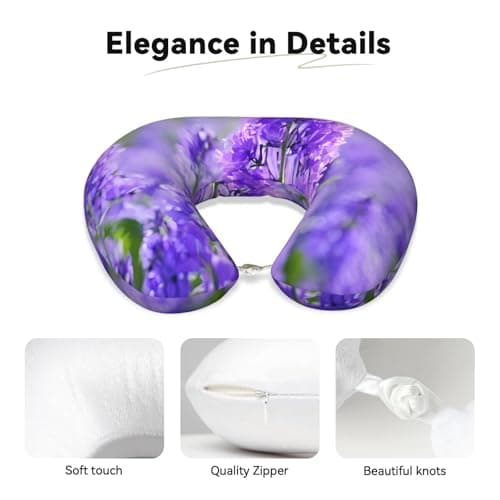 AUGUSTRUSH Memory Foam Neck Pillow - Travel Pillow With Adjustable Clasp, Removable Washable Cover For Airplane Office Car, Ergonomic Support Comfortable U-Shaped Pillow, Purple Lavender Flowers Print — view 3