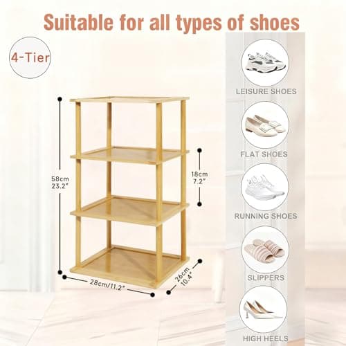 Aniston 4 Tier Small Shoe Rack Bamboo, Free Standing Slim Narrow Shoe Storage, Vertical Tall Shoe Shelf Organiser for Garage, Closet, Doorway, Corner, Living Room Small Spaces — view 2