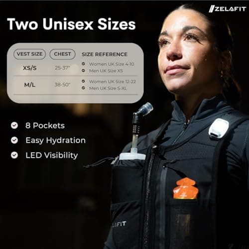 ZelaFit® Running Vest with Rechargeable LEDs & Micro USB Charging Cables, Water Bottle and Straw - Hydration Vest with 8 Pockets - Running Backpack Alternative - Men & Women (Extra Small - Small) — view 4