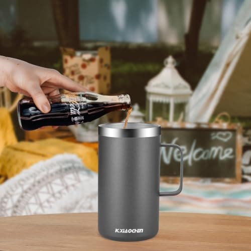 KXIAOCHEN 20oz Insulated Coffee Mug with Lid, Stainless Steel Coffee Mug, Double Wall Vacuum Coffee Mug with Handle, Premium Thermal Travel Coffee Mug (Silver Grey) — view 3