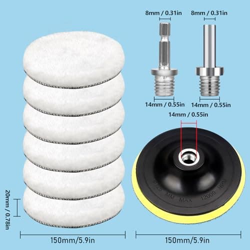 Polishing Attachment 6" Wool Polishing Pad Polishing Sponge Polishing Disc Polishing Pads, Pack of 6 Wool Polishing Attachment, Polishing Pad with 6 Angle Handle, Round Adapter (150 mm) — view 2