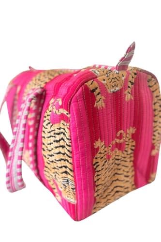 Tiger Print Quilted Cotton Weekender Bag – Handmade Travel Duffel, Gym & Yoga Bag, Lightweight Carry-On Holdall, Pink — view 2