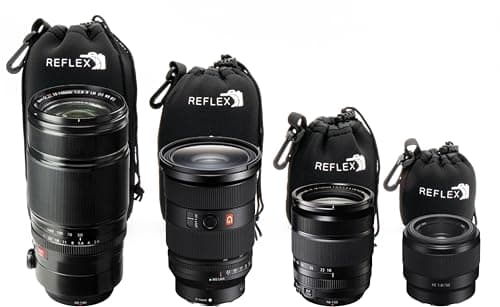 REFLEX CAMERA Drawstring Camera Lens Pouches 4 Pack (S/M/L/XL) Thick Padded Pouch Set for Maximum Protection Waterproof Shockproof Dust Resistant Neoprene Cases for Canon, Nikon, Pentax, Sony, Olympus