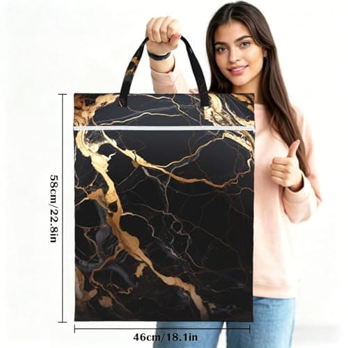Black Gold Marble Travel Laundry Bag With Handle, 1 Pc Large Waterproof Dirty Clothes Bags With Zipper, Foldable Swimsuit Workout Bag Washable Wet Clothes Storage Organizer For Dorm — view 3