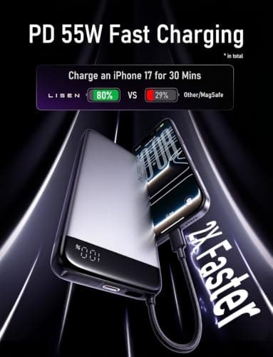 LISEN 20000mAh CCC Certified Power Bank with Built in USB-C Cable, 55W Xiaomi HyperCharge & 35W PD/QC/PPS Fast Charging Flight Approved All Alloy for iPhone 15-17, Xiaomi — view 2