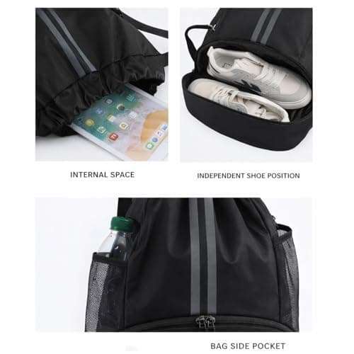RubyTint Drawstring Gym Bag-Waterproof Sports Backpack with Shoe Compartment and Wet Dry Separation, Large Unisex Swimming Bag with Mesh Fabric and Adjustable Shoulder Straps (black) — view 6