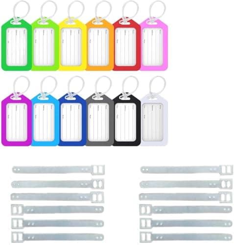 Luggage Tags, 12 Pack Assorted Colours with Clear Plastic Straps, Durable and Stylish Bag Tags for Suitcases, Travel Bags, Backpacks and Handbags