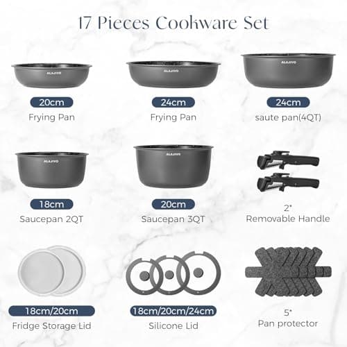 Non Stick Pots and Pans Set 17 Piece, Induction Hob Pan Set, Nonstick Removable Handle Kitchen Cookware Sets, Pot Set, Frying Pans Sets, Saucepan Sets with Lids — view 2