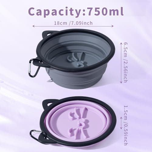 SLSON Silicone Collapsible Dog Bowl, 2 Pack Portable Dog Travel Bowl, Cute Cat Pattern Pet Feeding Bowl 750ml Large Foldable Food & Water Bowl with Carabiner (Purple+Grey) — view 2