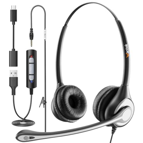 Wantek USB Headset With Microphone For Laptop, PC Headphones With Mic Noise Cancelling, Computer Headsets With In-Line Volume Control & Mute, Compatible with Ms teams, Zoom, Webex, Office, Home
