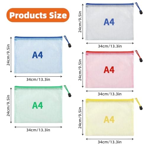 GoHoKi 20 Pack Zip Wallets: A4 Size Mesh Plastic Waterproof Zipped Lock Bags - 5 Color Easy Organization for School Office Home Travel — view 2