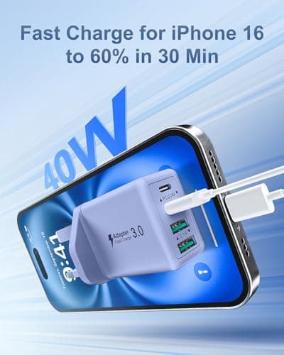 Saqykan 40W 4-Port USB Plug UK Fast Charger Dual PD Power Adapter +QC Multiport Wall Charge Head Mains Type C Fast Charging Plug for iPhone 17 16 15 14 13 12 11 Pro Max Plus, Samsung, iPad — view 2