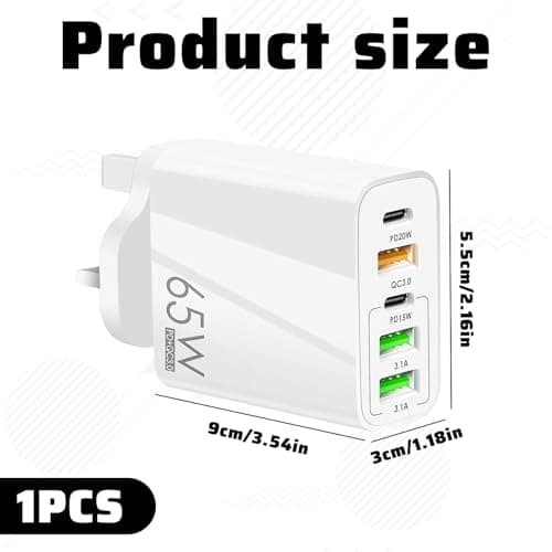 65W 5-Port USB Fast Charger,USB Plug Charger,65W Fast Charging,Wall Plug Multi Fast Charging Plug for Iphone/Samsung/Huawei/Tablet,Multi-Port Quick Charge Adapter (White) — view 2