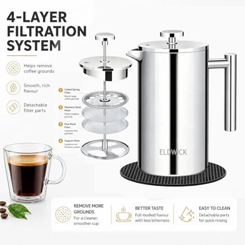 ELDWICK Cafetiere 1 Cup, 350ml French Press Coffee Maker with Color Silver — view 5