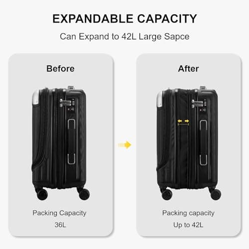 LEVEL8 Carry on Suitcase, 55CM Hand Luggage Expandable with Laptop Compartment, ABS+PC Hardshell Spinner Trolley Cabin Size with 4 Wheels, TSA, Black — view 4