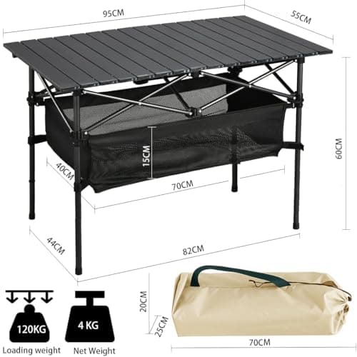 ROMIOR Foldable Camping Table, Alloy Steel Roll-up Picnic Table with Large Storage and Carrying Bag for Outdoor Picnic, Camping, BBQ, Party, Backyard, Beach (table/95x55x60cm) — view 3