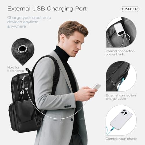 SPAHER 40x30x20 Wizzair Cabin Bag Leather Travel Laptop Backpack 15.6 Inch with USB Charging Port Waterproof School Work College Backpack Men Women Daypack Underseat Carry on Hand Luggage — view 3