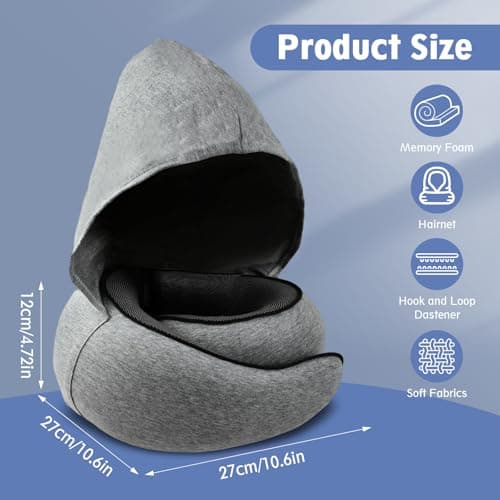 Solvio Travel Pillow for Airplane, Hooded Neck Pillow for Travel with 360° Support, Memory Foam Flight Pillow with Washable Cover, Portable Airplane Essentials for Long Flights, Car and Train — view 3