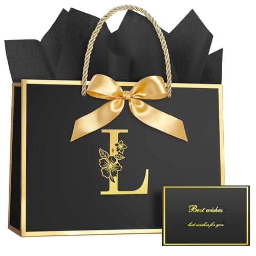 Vicloon Black Letter Birthday Gift Bag, 28 * 20 * 10cm Luxury Baby Girl Gift Bag with Handles and Gifts Card and Tissue Paper for Girls Womens Wedding Party Christmas Valentines Black L