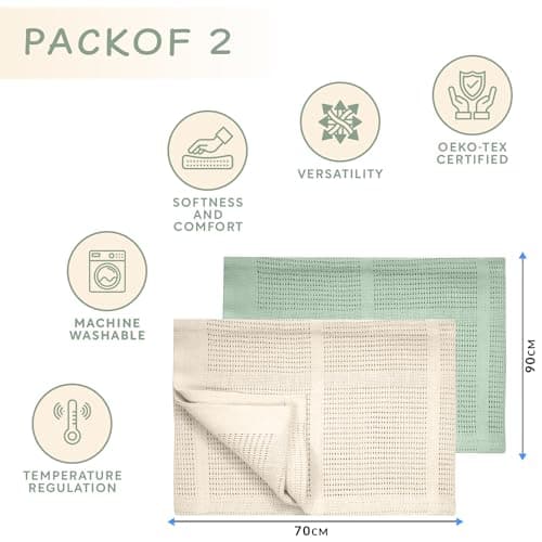 Lilly Belly- Cellular Blankets Baby | 100% Pure Organic Cotton | Baby Blanket - 70 x 90 cm | Warm & Cosy Baby Blankets | Baby Blanket for Newborn | Perfect for Pram/Travel/Moses Baskets (Green/Ivory) — view 4