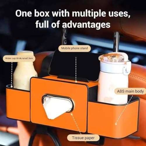 2026 Upgraded 4 in 1 Car Back Seat Organiser, Universal Headrest Car Storage Organiser with Dual Cup Holders, Tissue Box & Phone Holder, for Cars, SUVs, Sedans, Family Travel & Daily Commute (Brown) — view 2